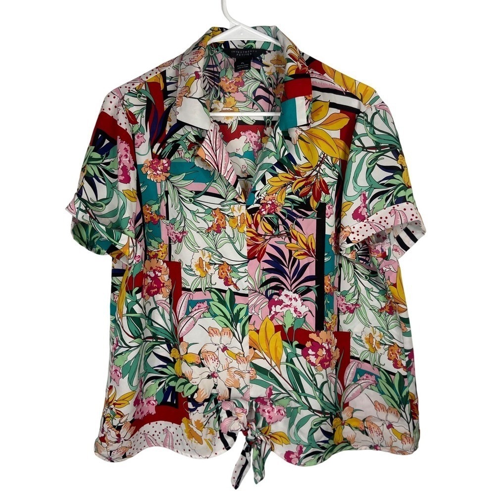 Investments Petites Floral Tie Front Button Up Top Multi Color Short Sleeve PL